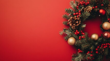 Aufkleber - A beautifully crafted Christmas wreath displays pinecones, red and gold ornaments, and lush greenery, set against a bright red background, evoking a joyful holiday spirit and celebration.