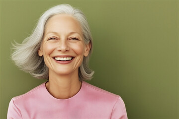 Beautiful senior businesswoman with grey hair is smiling on a green background with copy space