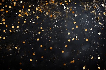 A luxurious black background adorned with scattered gold confetti, ideal for glamorous celebrations or festive events like New Year's, weddings, and anniversaries