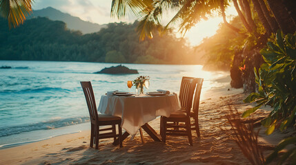 Romantic Getaway: A beautifully set table for two on a tropical beach, highlighting a luxurious honeymoon getaway surrounded by nature. 