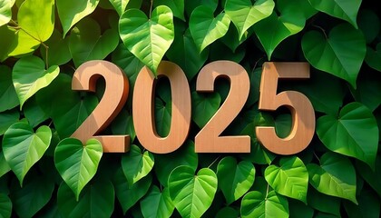 Poster - Large wooden numbers 2025 on a background of green ivy or vines,  natural, sustainable, or environmental theme, new year 2025, Celebrating the New Year, banner, poster, created with generative ai