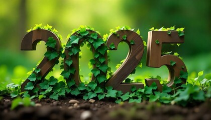 Poster - Large wooden numbers 2025 on a background of green ivy or vines,  natural, sustainable, or environmental theme, new year 2025, Celebrating the New Year, banner, poster, created with generative ai
