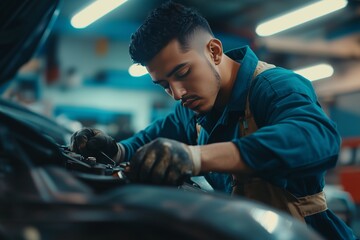 mechanical man working with tools and spanner. Hispanic latin male mechanic repairs car in garage. Car maintenance and auto service garage concept 