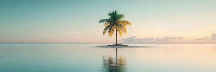 Fototapete - The peaceful tropical island features a solitary palm tree surrounded by calm water at dawn, creating a serene atmosphere. Generative AI
