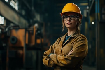 Portrait of a Professional Heavy Industry Engineer Worker Wearing Uniform, Glasses and Hard Hat in a Steel Factory. Beautiful Female Industrial Specialist Standing in Metal Construction Facility 