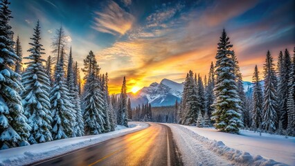 Wall Mural - Snowy mountain road at sunset surrounded by fir trees