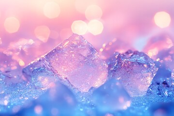 Abstract close-up of glistening ice crystals against a dreamy blue and pink bokeh backdrop.