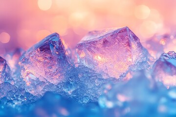 Abstract close-up of glistening ice crystals against a dreamy blue and pink bokeh backdrop.