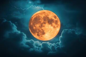 Wall Mural - a vibrant full moon illuminates a stormy sky filled with clouds and lightning.
