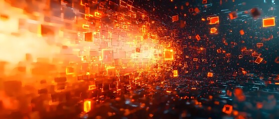Poster - An abstract digital landscape showcasing a burst of glowing orange cubes and glowing particles against a dark backdrop, creating a dynamic and energetic atmosphere.