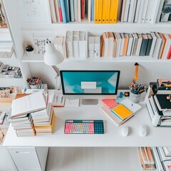Fototapete - Modern workspace with computer and colorful books in a creative office setting