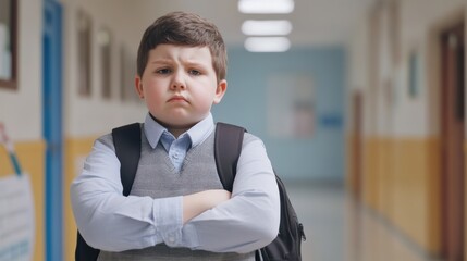 Poster - A young boy in a school uniform, looking sad, stands in a hallway with a backpack, feeling the effects of bullying from classmates. Generative AI