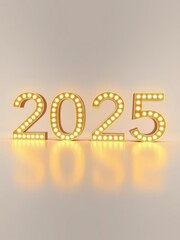 Illuminated numbers 2025, glowing yellow light bulbs, beige textured background, soft reflection, warm ambient lighting, festive holiday atmosphere, new year celebration, vertical composition, minimal