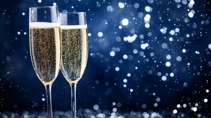 Aufkleber - Two champagne flutes filled with golden bubbly champagne are positioned in the foreground of a photo with a dark blue and sparkling background.