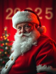 Santa Claus portrait, white beard, red suit, Christmas hat, glowing red background, bokeh lights, festive atmosphere, warm tones, magical, jolly expression, holiday spirit, high detail, cinematic ligh