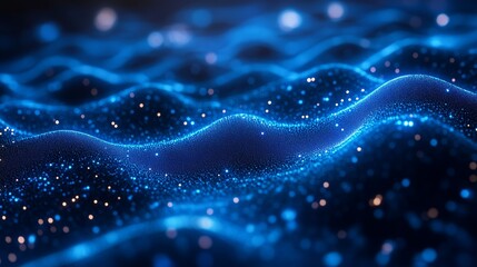 Wall Mural - An abstract dark background with blue lines and waves connecting with data.