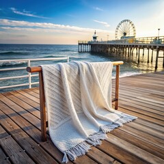 Sticker - Woven blanket displayed on Santa Monica Pier at sunset by the ocean. Generative AI