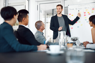 Aufkleber - Man, presentation and sticky notes on whiteboard for meeting, timeline and brainstorming strategy in office. Speaker, workshop and group training in boardroom for goals, collaboration and instruction