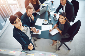 Poster - Business people, whiteboard and sticky notes for training in office, plan and boardroom for progress. High angle, mentor and talk to employees on productivity in workplace, meeting and brainstorming