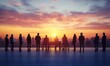© SKIMP Art - Silhouettes of business people in front view against the background of an urban landscape with buildings and sky at sunset, holding documents or standing on chairs Generative AI