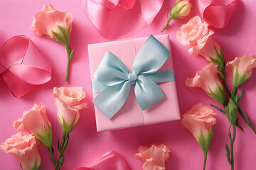 Beautiful gift box with bow and eustoma flowers on pink background, flat lay