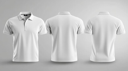 This is a set of images showing a white polo shirt from the front, back, and side.It's perfect for designing graphics on clothing, since you can easily place your designs onto the shirt in the images.