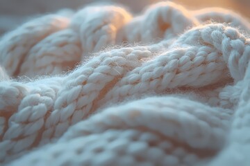 Sticker - A close-up view of soft, creamy white yarn twisted together, creating a cozy and inviting texture illuminated by warm sunlight.