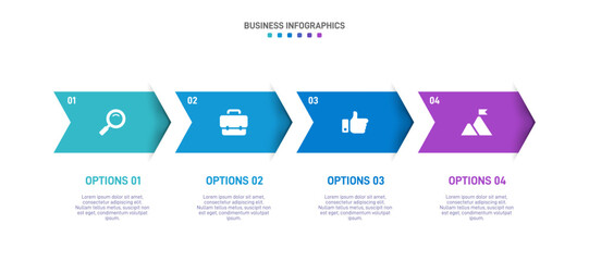 Sticker - Horizontal progress bar featuring 4 arrow-shaped elements, symbolizing the four stages of business strategy and progression. Clean timeline infographic design template. Vector for presentation