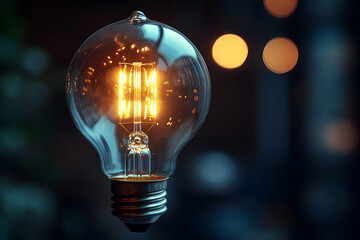 A glowing vintage light bulb radiates warmth, suspended against a blurred backdrop of soft, colorful lights.