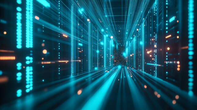 A futuristic data corridor with glowing lines and particles at night, conveying movement and technology
