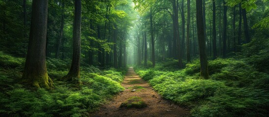  A winding path through a dense green forest with tall trees and dappled sunlight filtering through the canopy, creating a magical atmosphere.