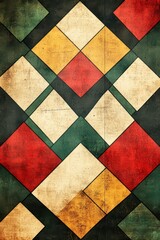 Poster - Retro geometric pattern with vibrant red, yellow, and green diamonds creating a nostalgic and colorful visual design