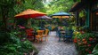 © hazia - A charming outdoor patio with colorful umbrellas, tables, and chairs set amidst lush greenery and vibrant flowers.