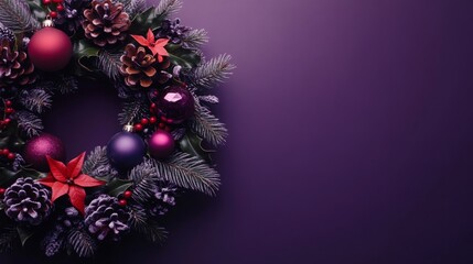 Poster - A beautifully crafted wreath features vibrant ornaments, intricate pine cones, and seasonal foliage against a dark purple backdrop, creating a perfect festive decoration for the holidays.
