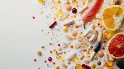 Poster - A diverse array of vitamins, supplements, and wholesome foods spread out, showcasing a commitment to health and wellness. Generative AI