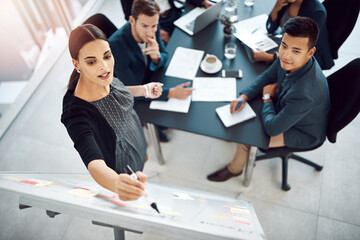 Poster - above, business people and woman in meeting, presentation or coaching in office. group, employees or