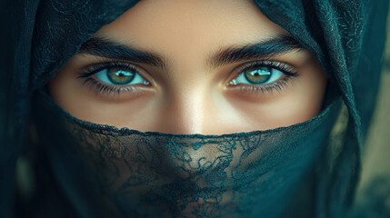 Captivating Muslim girl in niqab looks warm. Traditional closed clothing for women of the East.