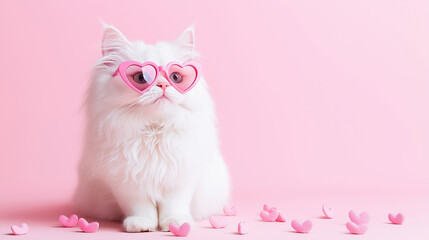 Valentine's day white cat with pink heart shaped glasses sitting on pink background with hearts