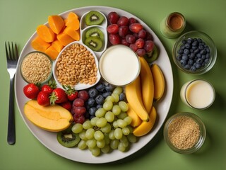 A vibrant plate featuring a variety of fresh fruits, grains, and nuts. The assortment includes kiwi, berries, and citrus, creating a colorful and nutritious mea