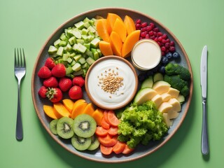 A vibrant plate featuring a variety of fresh fruits, grains, and nuts. The assortment includes kiwi, berries, and citrus, creating a colorful and nutritious mea