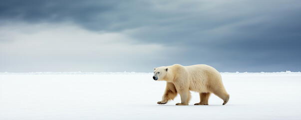 Wall Mural - influence of climate change on a majestic polar bear navigating a snowy arctic terrain under a drama