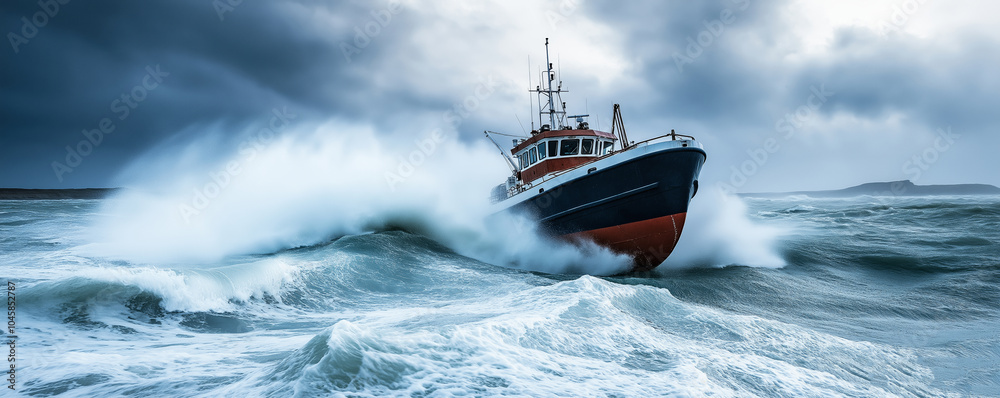 Fishing boat is sailing on a stormy sea with big waves under a dark ...