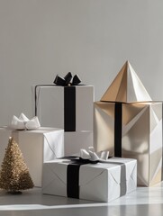 Aufkleber - An elegant display of geometric gift boxes featuring monochrome colors and sophisticated designs enhances the festive atmosphere. Generative AI