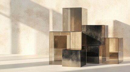 Aufkleber - Geometric gift boxes with clear finishes create a contemporary display, enhanced by natural light casting soft shadows in a modern space. Generative AI
