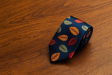 Subtle Thanksgiving tie with autumn leaves in muted colors, formal yet festive