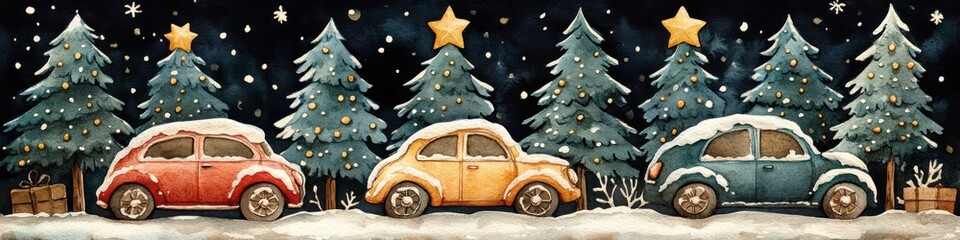 Whimsical winter scene with colorful cars and decorated evergreen trees under a starlit sky.