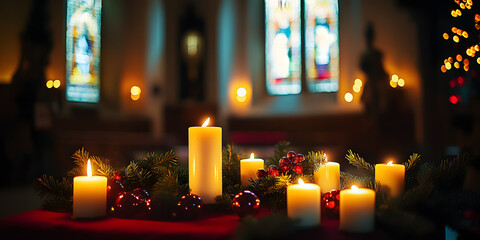 Lots of candles burning in church during Christmas time. Celebrating Christmas in church. Festive church decoration.