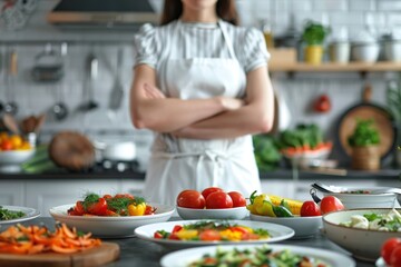 Female chef cooking vegan dishes in the kitchen