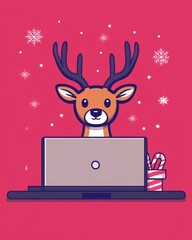 Canvas Print - A cartoon deer with antlers sitting in front of a laptop, surrounded by snowflakes.