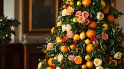 Poster - A striking tree decorated with bright oranges and delicate roses creates a warm and inviting atmosphere in an indoor space. The colorful arrangement brings a festive spirit to the winter season.